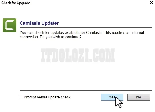 Chạy phần mềm Camtasia 2022 sau đó bỏ chọn Prompt before update check