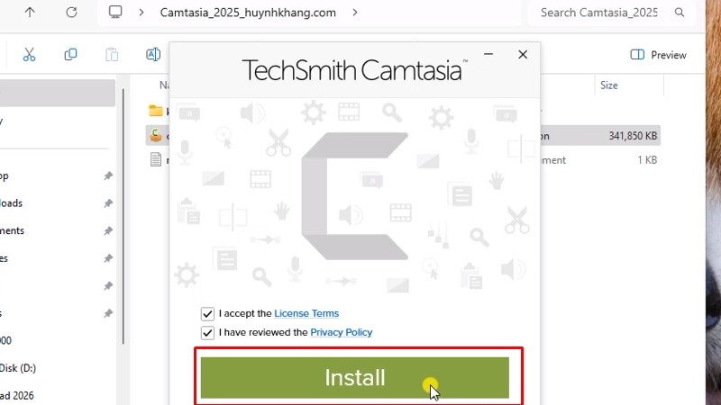 Camtasia 2025: Cài đặt rất dễ và nhanh 13 Tích như hình và bấm Install