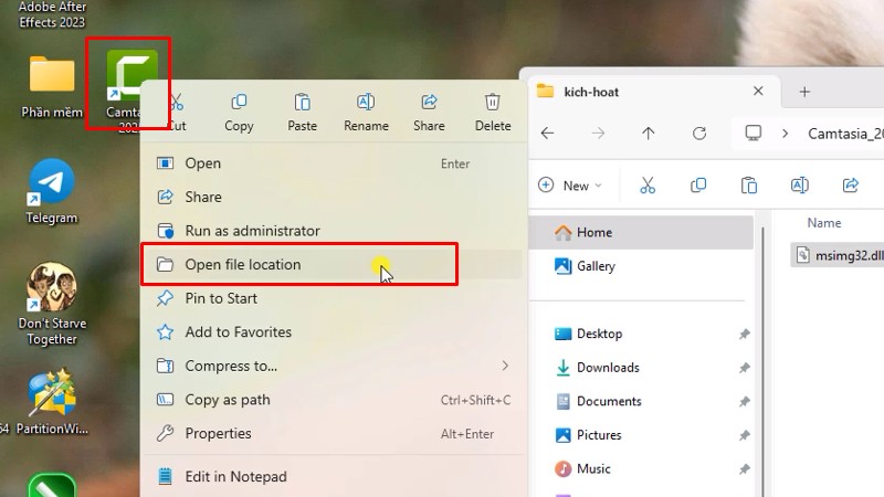Camtasia 2025: Cài đặt rất dễ và nhanh 16 Chuột phải app camtasia 2025 chọn Open file location