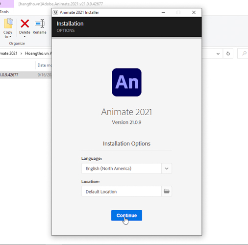 Chọn Continue để cài đặt Adobe Animate CC 2021
