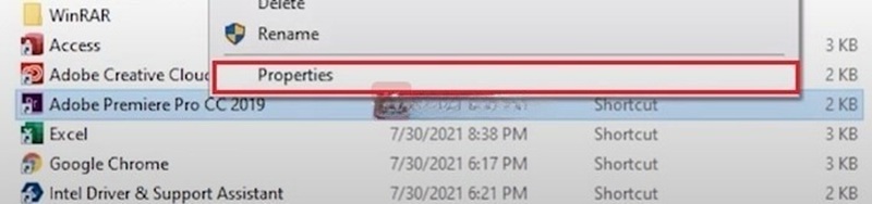 Nhấn chuột phải vào tệp “Adobe Premiere Pro CC 2019” Chọn “Properties”