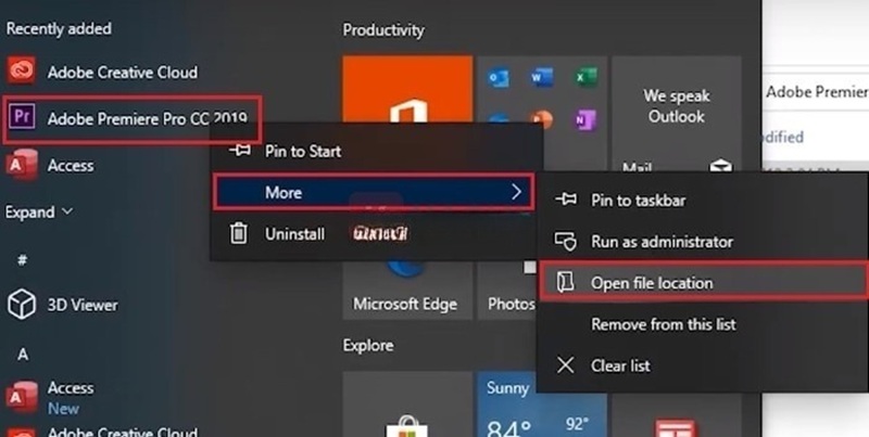 Tìm vị trí cài đặt của Adobe Premiere Pro 2019