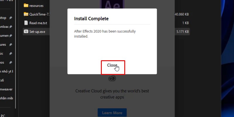 After Effects 2020 Tải Và Cài Đặt Chi Tiết 13 Bấm close hoàn tất quá trình cài đặt