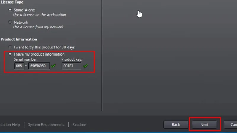 Nhập Serial number: 666-69696969, Product key: 001F1, và bấm next