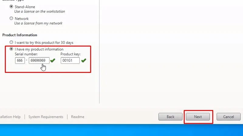 Nhập vào Serial number: 666-69696969, Product key: 001G1, và bấm Next