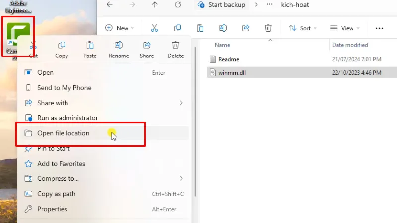 Chuột phải app Camtasia 2024 chọn Open file location...