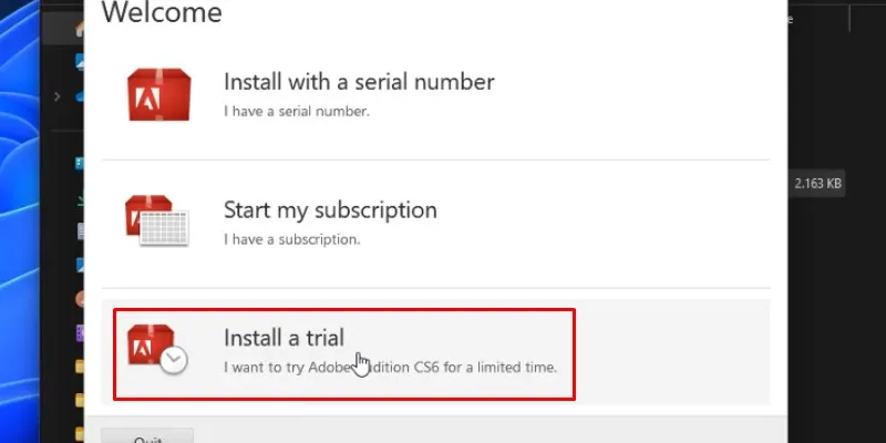bấm vào Install a trial